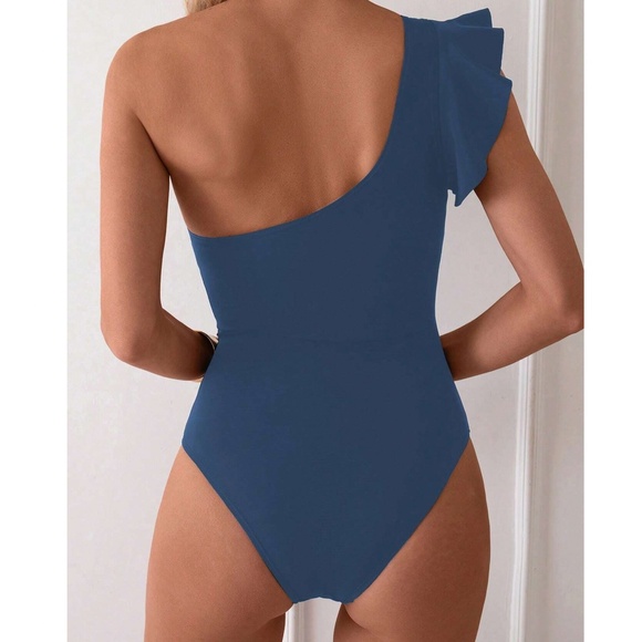 Plus One Shoulder Ruffle Sleeve Belted Monokini One Piece Swimsuit - Picture 5 of 15
